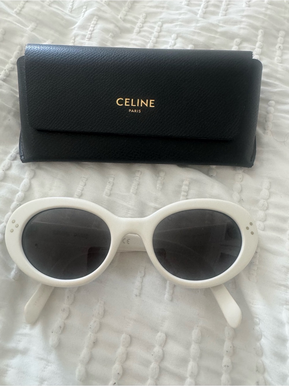 White Celine White Oval Sunglasses with Black Lenses and Case